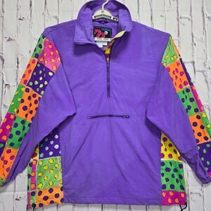 Vintage Mistral Windbreaker Jacket XL Purple Neon‎ Polka Dot 1/4 Zip Anorak 90s